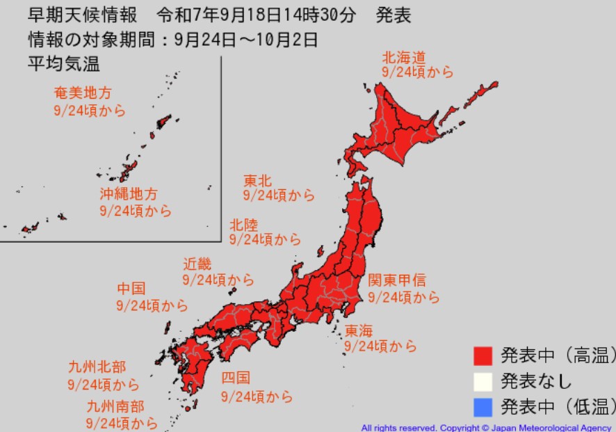 “10年に1度レベル”全国で「かなり気温が高くなる」可能性　9月24日頃から北海道、東北、関東甲信、北陸、東海、近畿、中国、四国、九州北部・南部・奄美、沖縄　気象庁が「高温に関する早期天候情報」発表