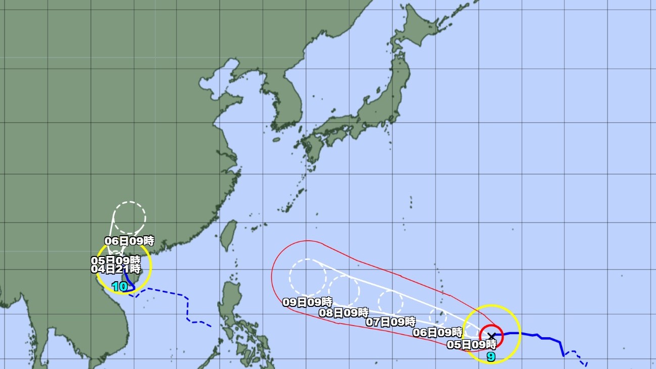 【台風情報】ダブル台風の進路予想は　非常に強い台風9号は明日5日までに「猛烈」な勢力まで発達する見込み　台風10号は6日には熱帯低気圧に衰える見込み