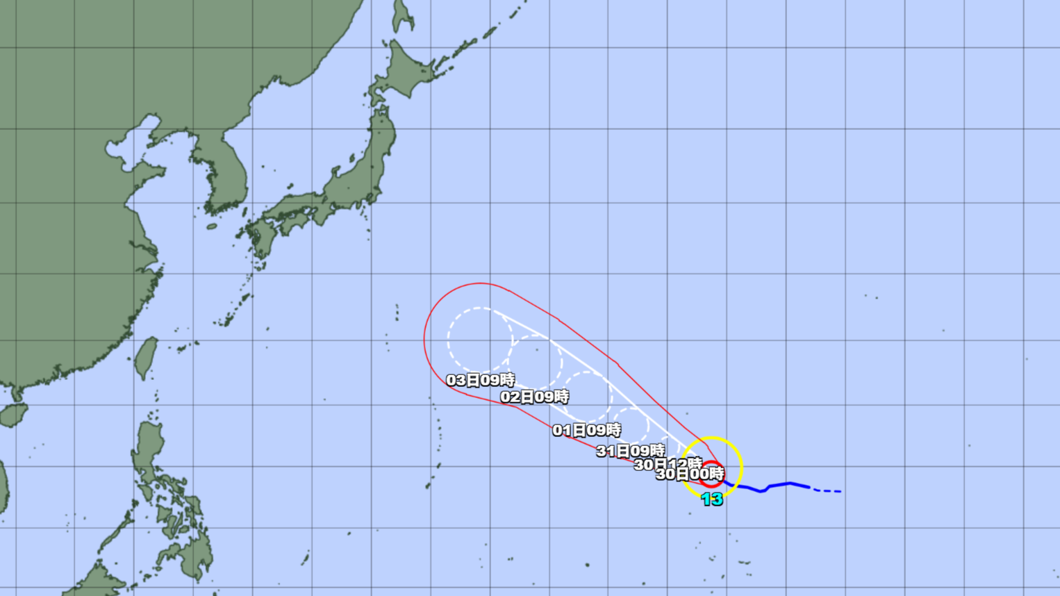 【台風情報】台風13号の今後の進路予想は　猛烈な勢力に発達する見込み　8月1日午前9時の予報では、猛烈な勢力を維持したまま、南鳥島近海に達する見込み