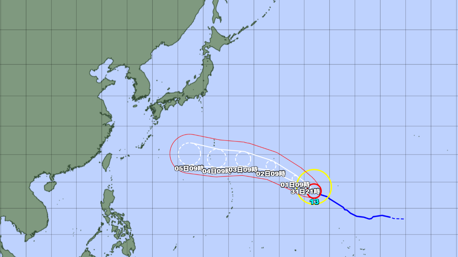【台風情報】猛烈な勢力の台風13号の今後の進路予想は　「猛烈な勢力」で8月1日に南鳥島近海、「非常に強い勢力」で4日に小笠原近海、5日に日本の南に達する見込み