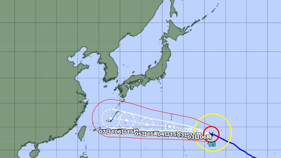 【台風情報】非常に強い台風13号の今後の進路予想は　3日午後6時には勢力を維持したまま小笠原近海に達する見込み　7日午後3時には東シナ海に達する見込み