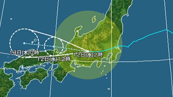 【台風情報】台風15号の今後の進路予想は　12日午前3時の推定で岐阜県中津川市付近、中心気圧は996ヘクトパスカル　12日正午には京都府宮津市の北北西約40キロに達する予報