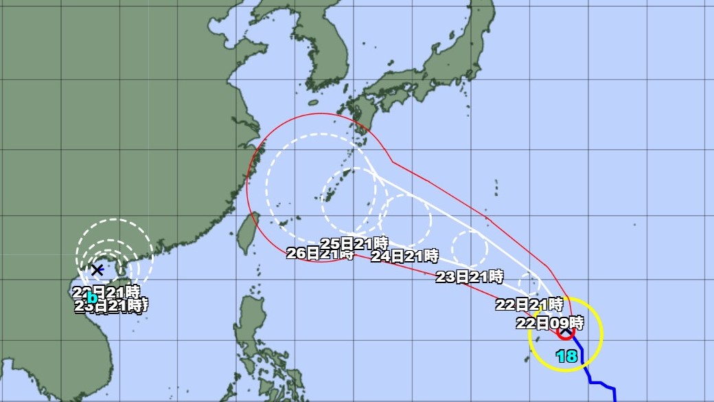 【台風情報】台風18号の今後の進路予想は　23日午後9時には「非常に強い」勢力で日本の南へ達する予報　熱帯低気圧「台風のたまご」がトンキン湾に　24時間以内に台風に発達する可能性　ダブル台風が発生か