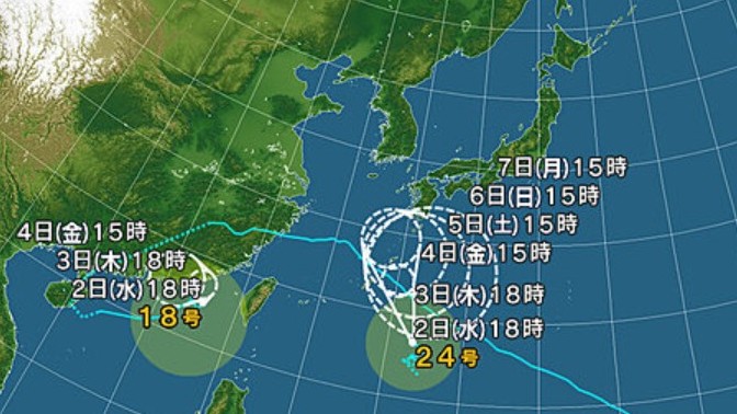 【台風情報】ダブル台風の進路予想は　台風24号は2日午後6時現在、南大東島の南約280キロを北へ　3日午後6時には奄美市の南約160キロに達する予報　台風18号は2日午後6時現在、南シナ海を東北東へ
