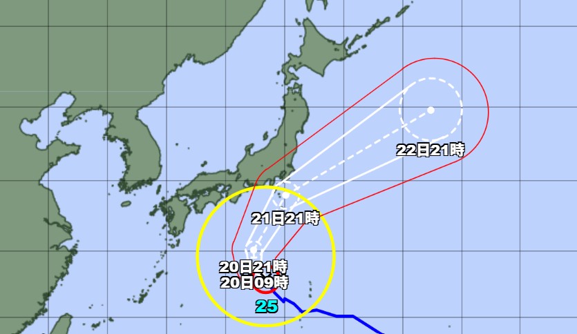 【台風情報】大型で強い台風25号の進路予想　19日午後9時現在、日本の南にあって毎時25キロで北北西へ　中心気圧970ヘクトパスカル、中心付近の最大風速35メートル、最大瞬間風速50メートル