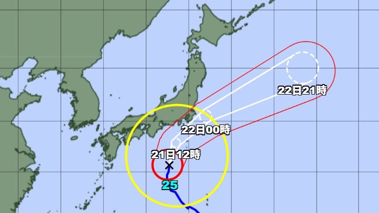 【台風情報】大型で強い台風25号の進路予想　21日午前0時には日本の南にあって中心気圧970ヘクトパスカル　22日午前0時には千葉県銚子市の東約110キロに達する予想
