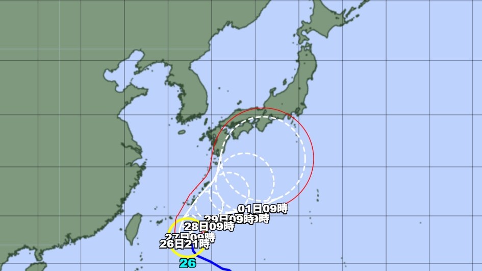 【台風情報】台風26号の進路予想　26日午前9時には沖縄の南にあり中心気圧996ヘクトパスカル　27日午前9時には強い勢力に発達し、宮古島の東約230キロに達する予想