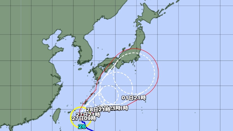 【台風情報】台風26号の進路予想　26日午後9時には沖縄の南、中心気圧990ヘクトパスカル　27日午後9時には強い勢力に発達し、那覇市の南東約130キロに達する予想
