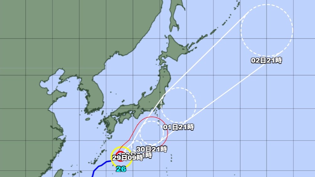 【台風情報】強い台風26号の進路予想　28日午後9時には南大東島の東約230キロ、中心気圧965ヘクトパスカル　1日午後9時には、日本の東に達する予想