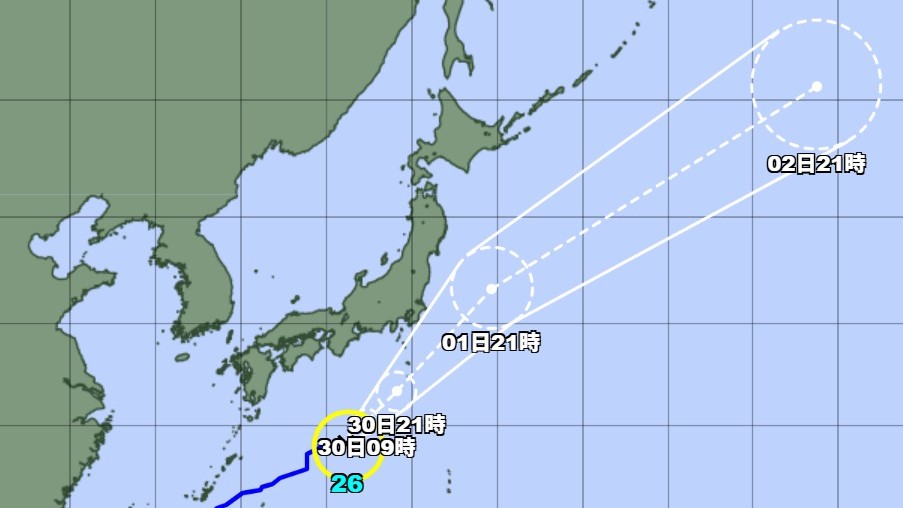 【台風情報】台風26号の進路予想　30日午後9時には八丈島の南南西約170キロに達する予想　10月1日午後9時には福島県いわき市の東約340キロに達する予想