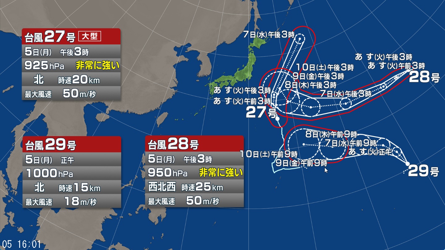 【台風情報】「トリプル台風」の進路予想　台風28号と台風29号は西よりに進み、次第に近づく可能性　お互いの動きに影響することがあるため、今後の進路に注意
