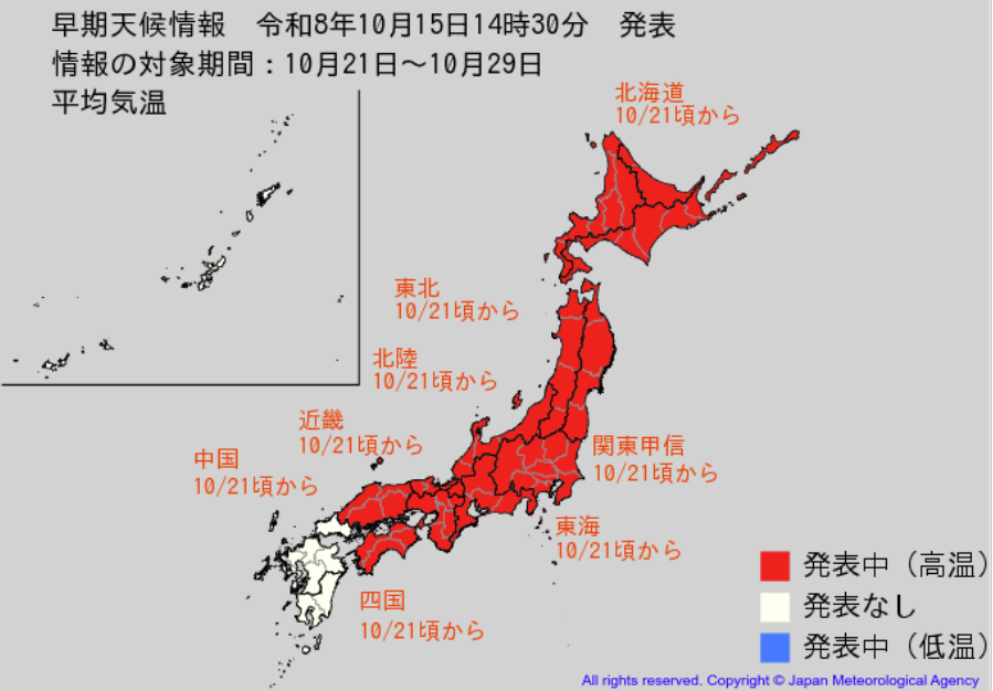 “10年に1度レベル”平年に比べ「かなり気温が高くなる」可能性　関東甲信、東海、近畿、北海道、東北、北陸、中国、四国で21日頃から　気象庁が「高温に関する早期天候情報」